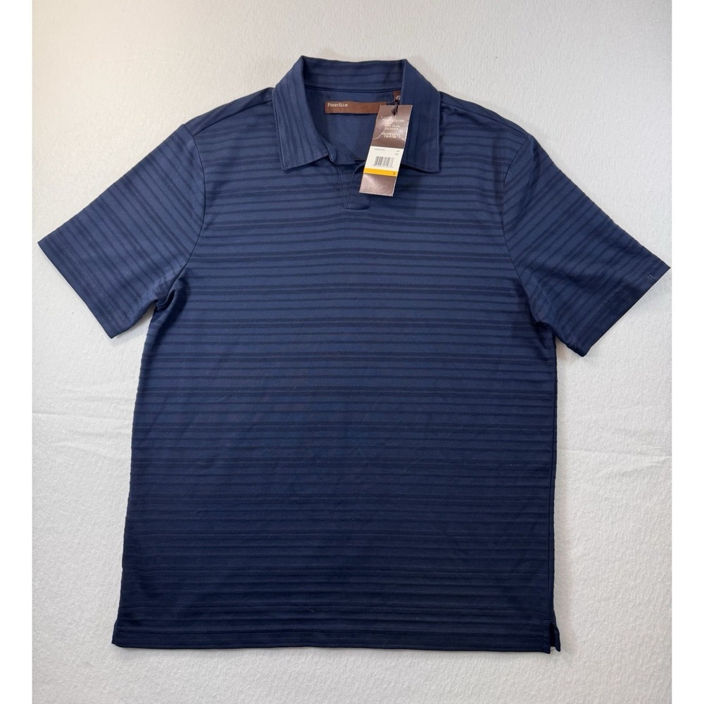 Perry Ellis Mens Johnny Collar Polo S Blue Stripe Short Sleeve Casual Preppy NWT